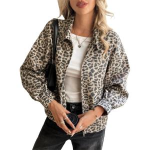imageCicy Bell Womens Floral Zip Up Bomber Jackets Cropped Long Sleeve Denim Coats Trendy Casual Collared Vintage OuterwearLeopard