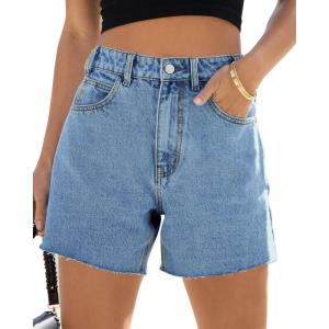 imageCicy Bell Womens High Waisted Jean Shorts Summer Baggy Stretchy Straight Leg Raw Hem Mom Denim ShortsPale Blue