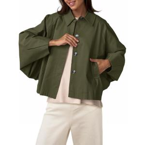 imageCicy Bell Womens Oversized Cropped Trench Coats Batwing Sleeve Trendy Casual Short Jackets Button Up OuterwearArmy Green