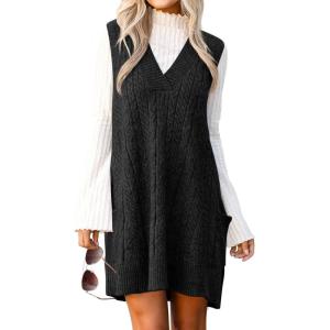imageCicy Bell Womens Oversized Sweater Vest Dress V Neck Sleeveless Fall Trendy Casual Knit Cable Mini DressesBlack