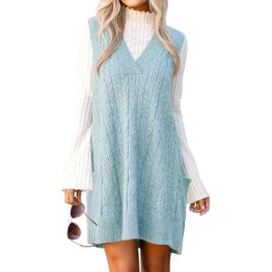 imageCicy Bell Womens Oversized Sweater Vest Dress V Neck Sleeveless Fall Trendy Casual Knit Cable Mini DressesBlue