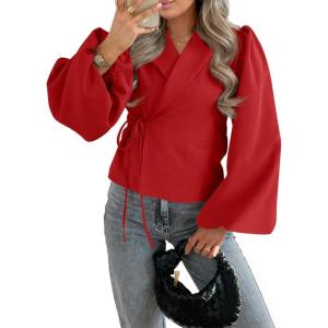 imageCicy Bell Womens Puff Long Sleeve Blazers V Neck Wrap Cropped Trench Coat Work Office Dressy Casual Suit JacketsRed