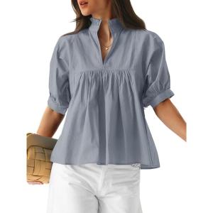 imageCicy Bell Womens Puff Sleeve V Neck Blouse Babydoll Peplum Tops Dressy Casual Pleated Loose Fit ShirtsGrey