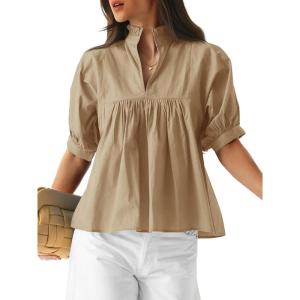 imageCicy Bell Womens Puff Sleeve V Neck Blouse Babydoll Peplum Tops Dressy Casual Pleated Loose Fit ShirtsKhaki