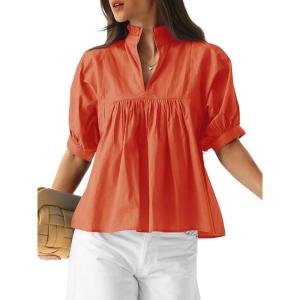 imageCicy Bell Womens Puff Sleeve V Neck Blouse Babydoll Peplum Tops Dressy Casual Pleated Loose Fit ShirtsOrange Red