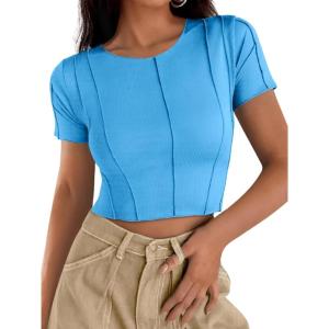 imageCicy Bell Womens Short Sleeve Crop Tops Summer Fitted Ribbed Knit Tee Shirts Trendy Casual Y2k Going Out ShirtsBlue