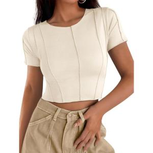 imageCicy Bell Womens Short Sleeve Crop Tops Summer Fitted Ribbed Knit Tee Shirts Trendy Casual Y2k Going Out ShirtsOffwhite