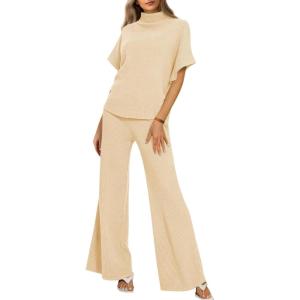 imageCicy Bell Womens 2 Piece Lounge Sets Casual Batwing Short Sleeve Knit Sweater Loose Wide Leg Pants Travel OutfitsApricot