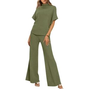 imageCicy Bell Womens 2 Piece Lounge Sets Casual Batwing Short Sleeve Knit Sweater Loose Wide Leg Pants Travel OutfitsArmy Green