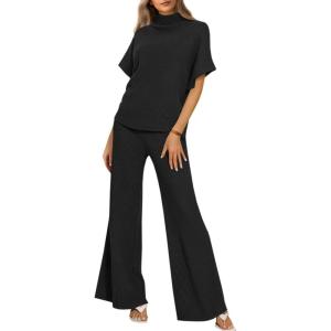 imageCicy Bell Womens 2 Piece Lounge Sets Casual Batwing Short Sleeve Knit Sweater Loose Wide Leg Pants Travel OutfitsBlack