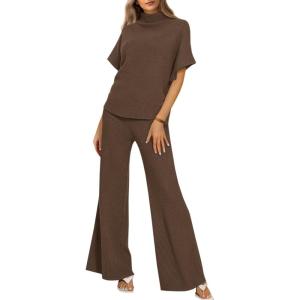 imageCicy Bell Womens 2 Piece Lounge Sets Casual Batwing Short Sleeve Knit Sweater Loose Wide Leg Pants Travel OutfitsBrown