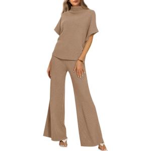 imageCicy Bell Womens 2 Piece Lounge Sets Casual Batwing Short Sleeve Knit Sweater Loose Wide Leg Pants Travel OutfitsKhaki