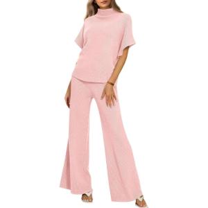 imageCicy Bell Womens 2 Piece Lounge Sets Casual Batwing Short Sleeve Knit Sweater Loose Wide Leg Pants Travel OutfitsPink