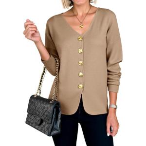 imageCicy Bell Womens Button Up Cardigan Sweaters Blazer Trendy Lightweight V Neck Long Sleeve Sweater Tops Khaki