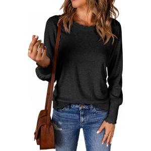imageCicy Bell Womens Crew Neck Long Sleeve Sweater Trendy Casual Scallop Trim Fall Knit Lightweight Pullover TopsBlack