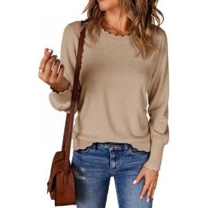 imageCicy Bell Womens Crew Neck Long Sleeve Sweater Trendy Casual Scallop Trim Fall Knit Lightweight Pullover TopsKhaki