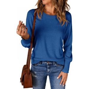 imageCicy Bell Womens Crew Neck Long Sleeve Sweater Trendy Casual Scallop Trim Fall Knit Lightweight Pullover TopsNavy Blue