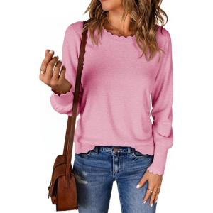imageCicy Bell Womens Crew Neck Long Sleeve Sweater Trendy Casual Scallop Trim Fall Knit Lightweight Pullover TopsPink
