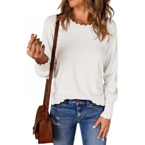 imageCicy Bell Womens Crew Neck Long Sleeve Sweater Trendy Casual Scallop Trim Fall Knit Lightweight Pullover TopsWhite