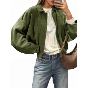 imageCicy Bell Womens Faux Suede Bomber Jackets Oversized Cropped Zip Up Lapel Coats Fall Casual OuterwearsArmy Green