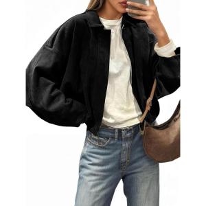 imageCicy Bell Womens Faux Suede Bomber Jackets Oversized Cropped Zip Up Lapel Coats Fall Casual OuterwearsBlack