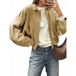 imageCicy Bell Womens Faux Suede Bomber Jackets Oversized Cropped Zip Up Lapel Coats Fall Casual OuterwearsKhaki