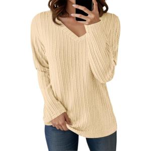 imageCicy Bell Womens Long Sleeve Tops Trendy V Neck Ribbed Lightweight Shirts Dressy Casual Loose Fit BlousesBeige