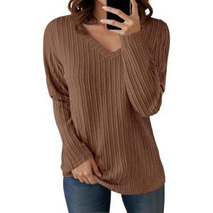 imageCicy Bell Womens Long Sleeve Tops Trendy V Neck Ribbed Lightweight Shirts Dressy Casual Loose Fit BlousesBrown