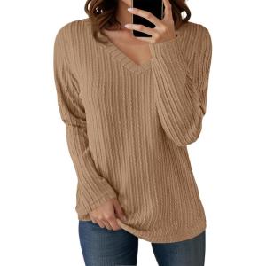 imageCicy Bell Womens Long Sleeve Tops Trendy V Neck Ribbed Lightweight Shirts Dressy Casual Loose Fit BlousesKhaki