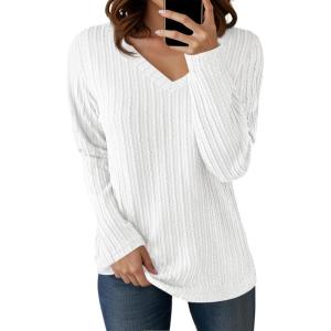 imageCicy Bell Womens Long Sleeve Tops Trendy V Neck Ribbed Lightweight Shirts Dressy Casual Loose Fit BlousesWhite