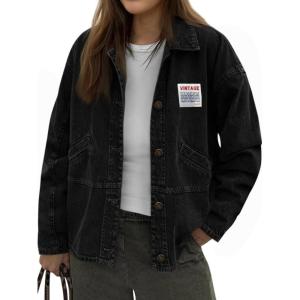 imageCicy Bell Womens Oversized Denim Jackets Boyfriends Button Down Utility Jean Jackets Vintage Y2k Fall CoatBlack