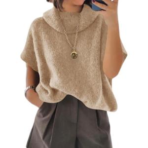 imageCicy Bell Womens Oversized Turtleneck Knit Sweaters Short Batwing Sleeve Casual Slouchy Loose Fit Chunky Pullover TopsKhaki