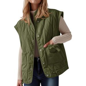imageCicy Bell Womens Puffer Quilted Vest Lightweight Stand Collar Cap Sleeve Jackets Button Down Padded Gilet Winter OuterwearArmy Green