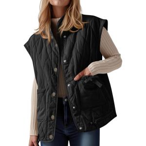 imageCicy Bell Womens Puffer Quilted Vest Lightweight Stand Collar Cap Sleeve Jackets Button Down Padded Gilet Winter OuterwearBlack