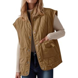 imageCicy Bell Womens Puffer Quilted Vest Lightweight Stand Collar Cap Sleeve Jackets Button Down Padded Gilet Winter OuterwearLight Brown
