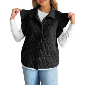 imageCicy Bell Womens Ruffle Cap Sleeve Puffer Vests Quilted Trendy Button Down Padded Jackets Gilet Winter Outerwear VestBlack