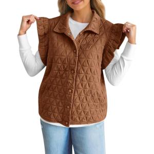 imageCicy Bell Womens Ruffle Cap Sleeve Puffer Vests Quilted Trendy Button Down Padded Jackets Gilet Winter Outerwear VestBrown
