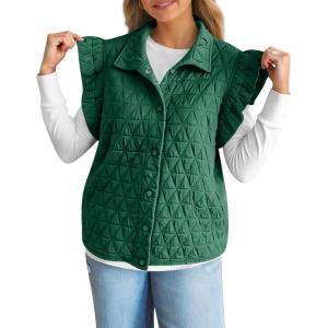 imageCicy Bell Womens Ruffle Cap Sleeve Puffer Vests Quilted Trendy Button Down Padded Jackets Gilet Winter Outerwear VestDark Green