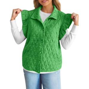 imageCicy Bell Womens Ruffle Cap Sleeve Puffer Vests Quilted Trendy Button Down Padded Jackets Gilet Winter Outerwear VestGreen
