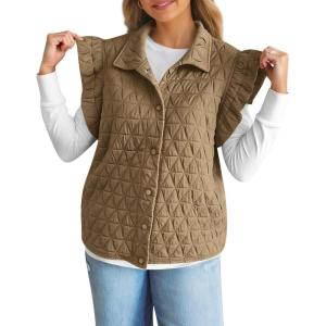 imageCicy Bell Womens Ruffle Cap Sleeve Puffer Vests Quilted Trendy Button Down Padded Jackets Gilet Winter Outerwear VestKhaki