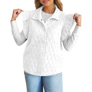 imageCicy Bell Womens Ruffle Cap Sleeve Puffer Vests Quilted Trendy Button Down Padded Jackets Gilet Winter Outerwear VestWhite