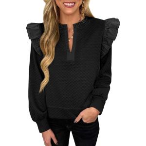 imageCicy Bell Womens Ruffle Long Sleeve Sweatshirt Notched V Neck Textured Casual Tops Fall Loose Fit BlousesBlack
