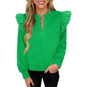 imageCicy Bell Womens Ruffle Long Sleeve Sweatshirt Notched V Neck Textured Casual Tops Fall Loose Fit BlousesGreen