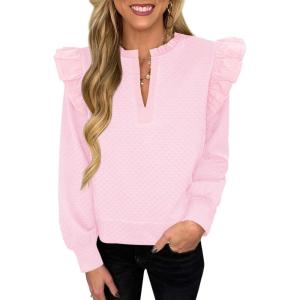 imageCicy Bell Womens Ruffle Long Sleeve Sweatshirt Notched V Neck Textured Casual Tops Fall Loose Fit BlousesPink