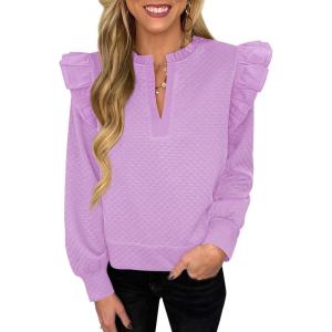 imageCicy Bell Womens Ruffle Long Sleeve Sweatshirt Notched V Neck Textured Casual Tops Fall Loose Fit BlousesViolet
