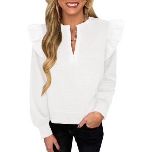 imageCicy Bell Womens Ruffle Long Sleeve Sweatshirt Notched V Neck Textured Casual Tops Fall Loose Fit BlousesWhite