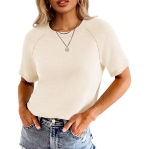 imageCicy Bell Womens Short Sleeve Sweater Crewneck Knit Tops Fall Casual Loose Pullovers ShirtsBeige