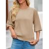 imageCicy Bell Womens 34 Puff Sleeve Sweater Tops Fall Casual Crew Neck Lightweight Knit Pullover Loose Fit Scallop Trim SweaterKhaki