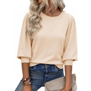 imageCicy Bell Womens 34 Puff Sleeve Sweater Tops Fall Casual Crew Neck Lightweight Knit Pullover Loose Fit Scallop Trim SweaterBeige