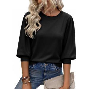 imageCicy Bell Womens 34 Puff Sleeve Sweater Tops Fall Casual Crew Neck Lightweight Knit Pullover Loose Fit Scallop Trim SweaterBlack